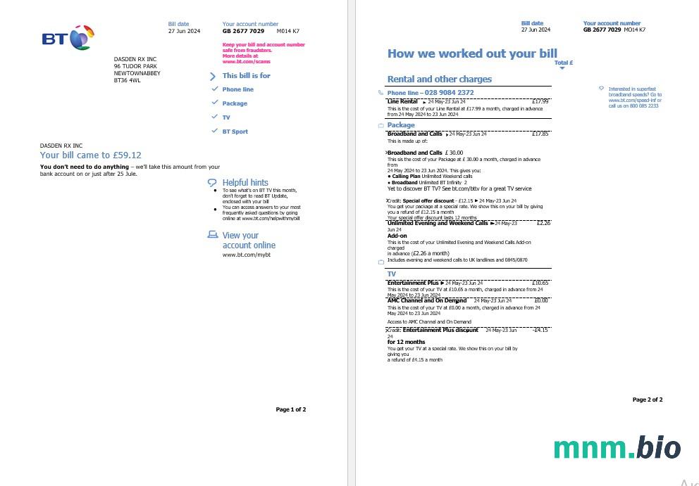 Szablon rachunku za media Biznesowe w Wielkiej Brytanii BT w formatach Word i PDF, 2 strony